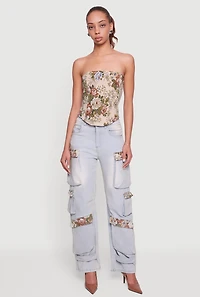 Floral Jacquard Lace Up Back Corset