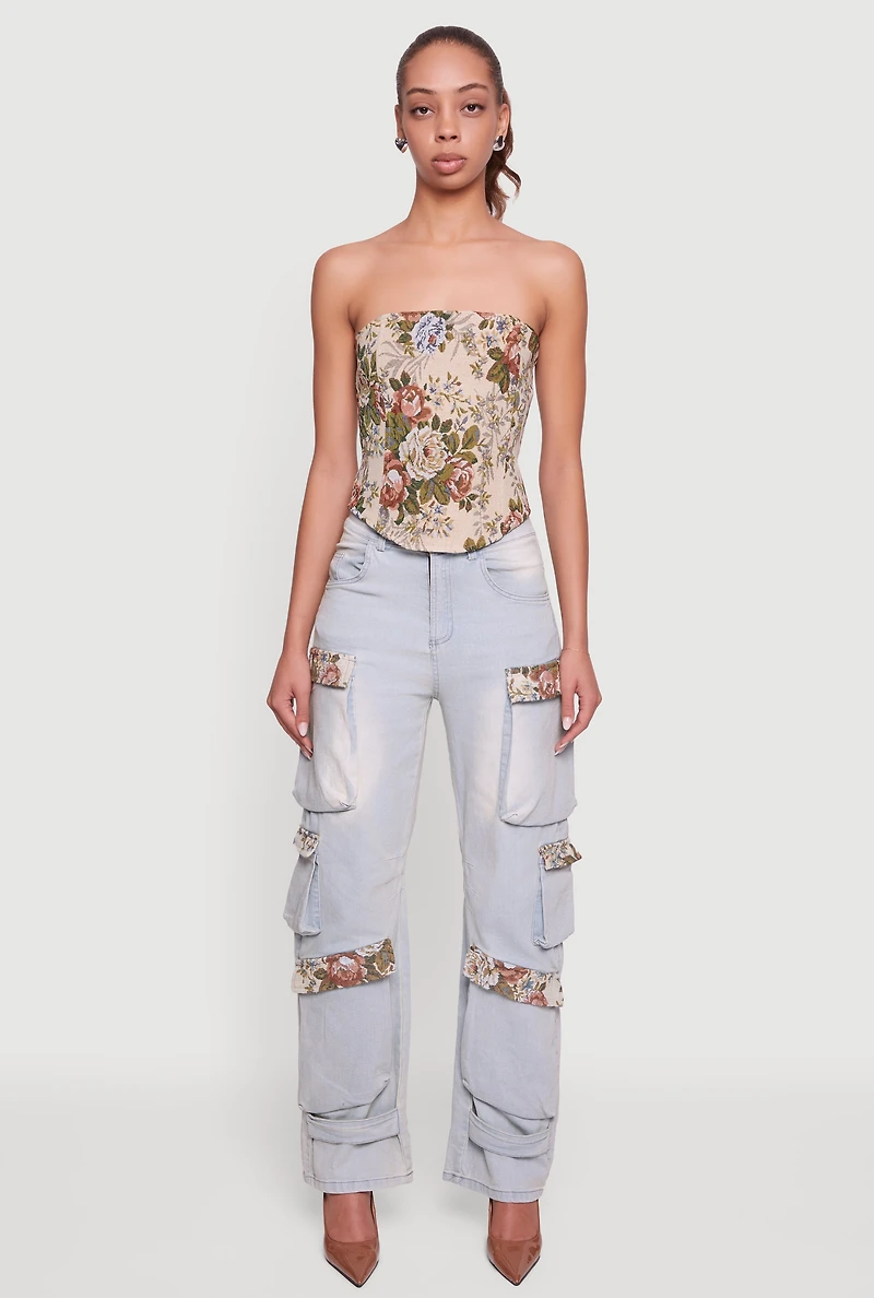 Floral Jacquard Lace Up Back Corset