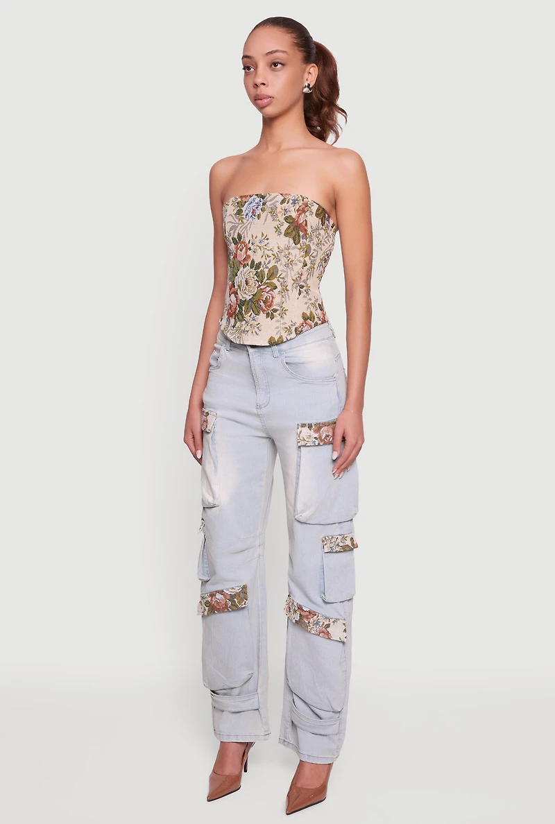 Floral Jacquard Lace Up Back Corset