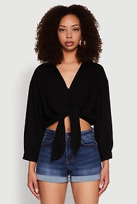Womens Haute Monde Linen Tie Front Crop Top, Black, Size S