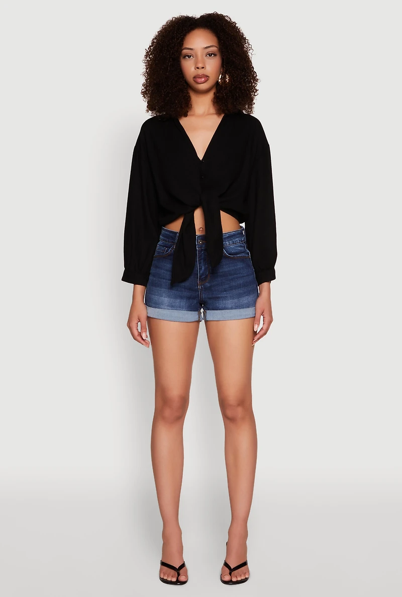 Womens Haute Monde Linen Tie Front Crop Top, Black, Size S