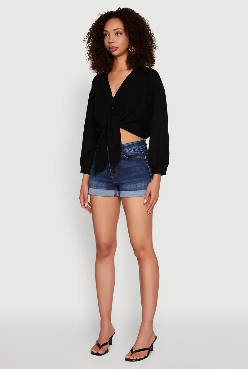 Womens Haute Monde Linen Tie Front Crop Top, Black, Size S