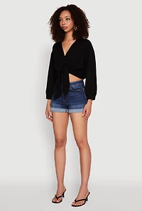 Womens Haute Monde Linen Tie Front Crop Top, Black, Size S