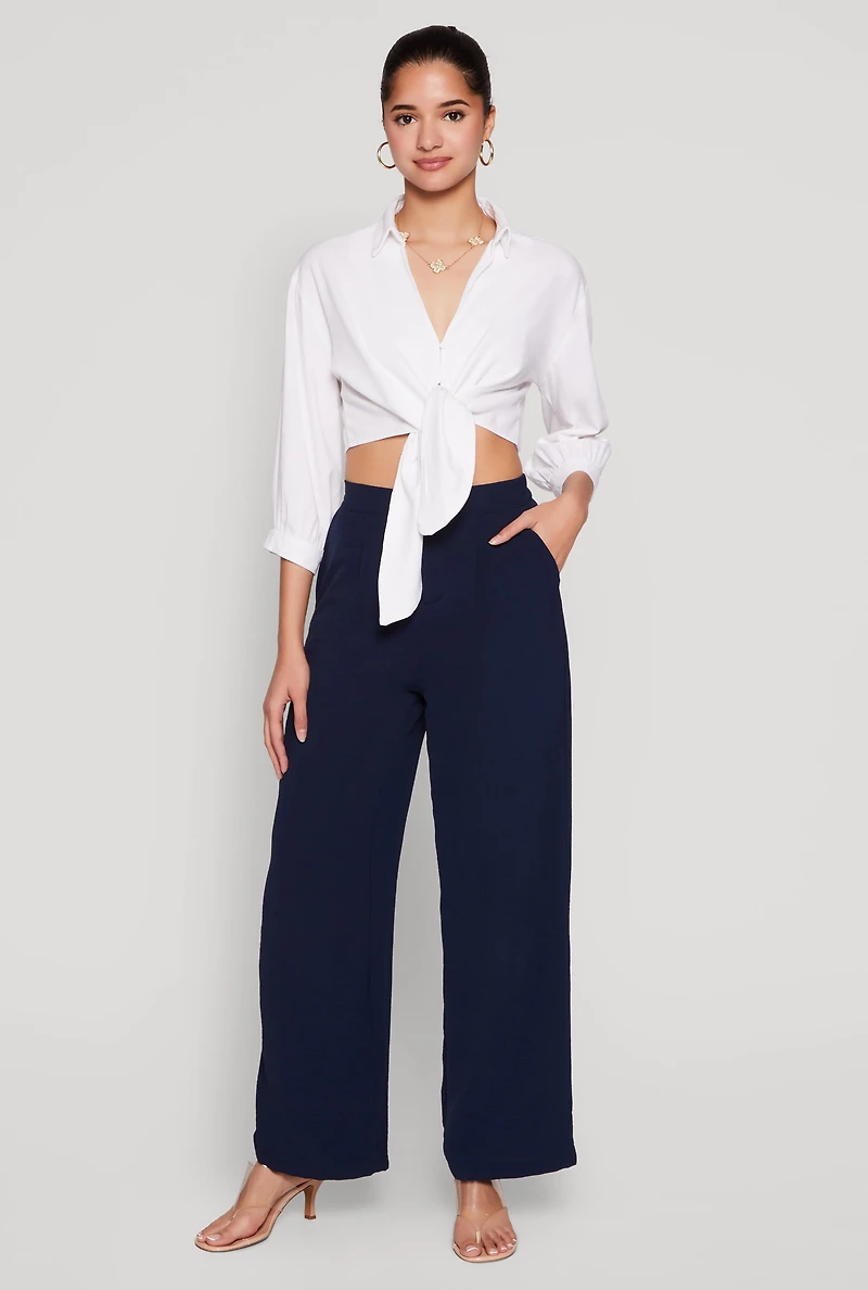 Womens Haute Monde Linen Tie Front Crop Top, White, Size L