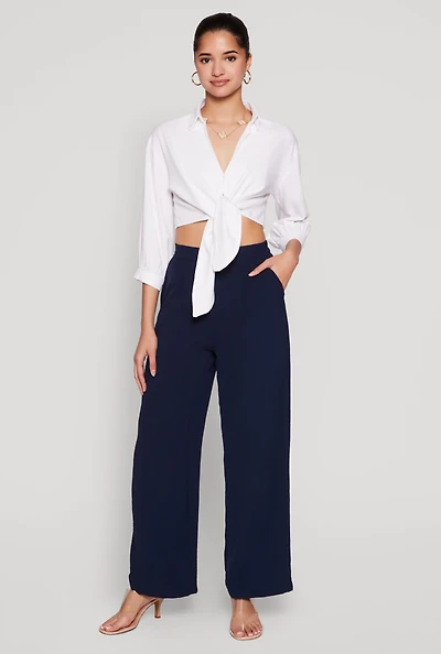 Womens Haute Monde Linen Tie Front Crop Top, White, Size L