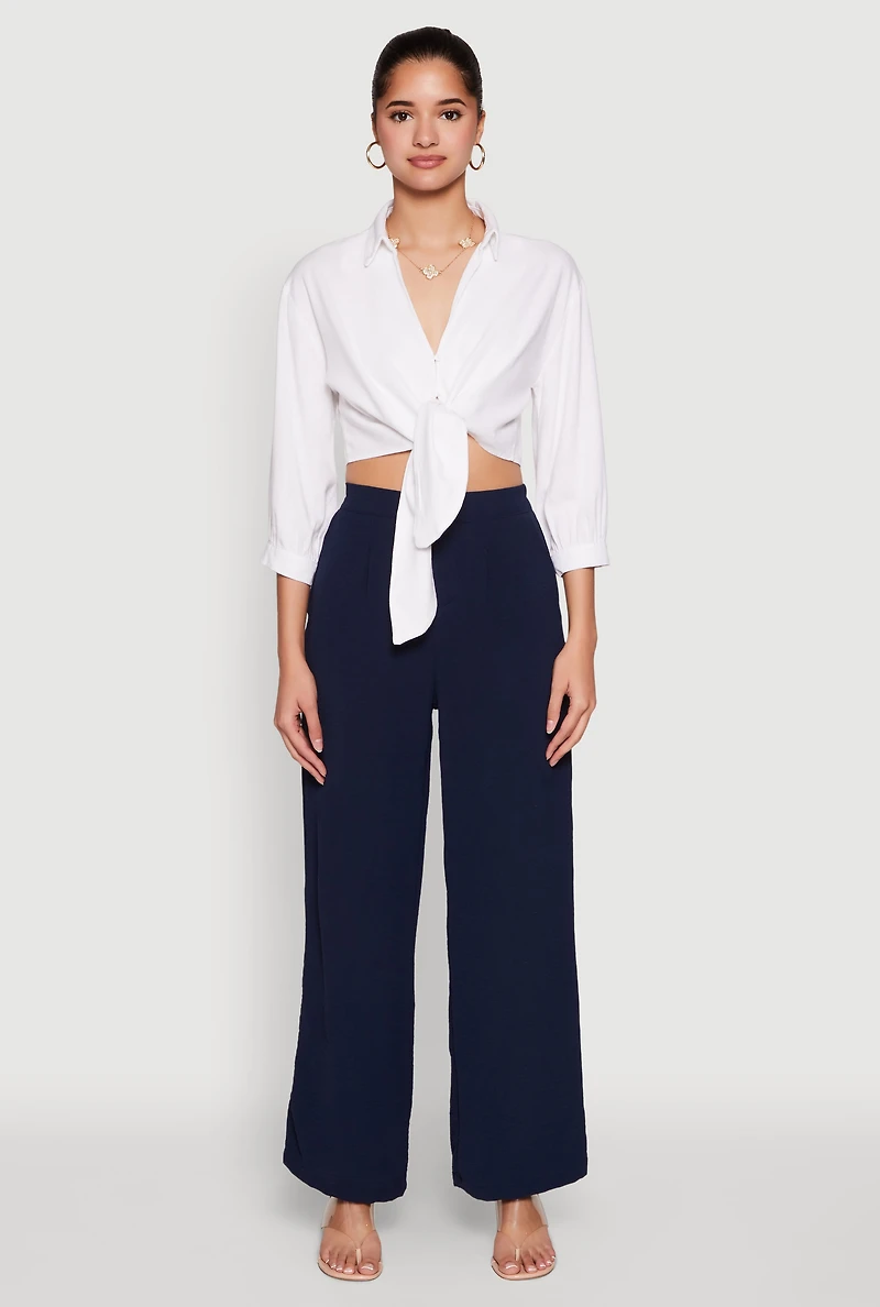 Womens Haute Monde Linen Tie Front Crop Top, White, Size S