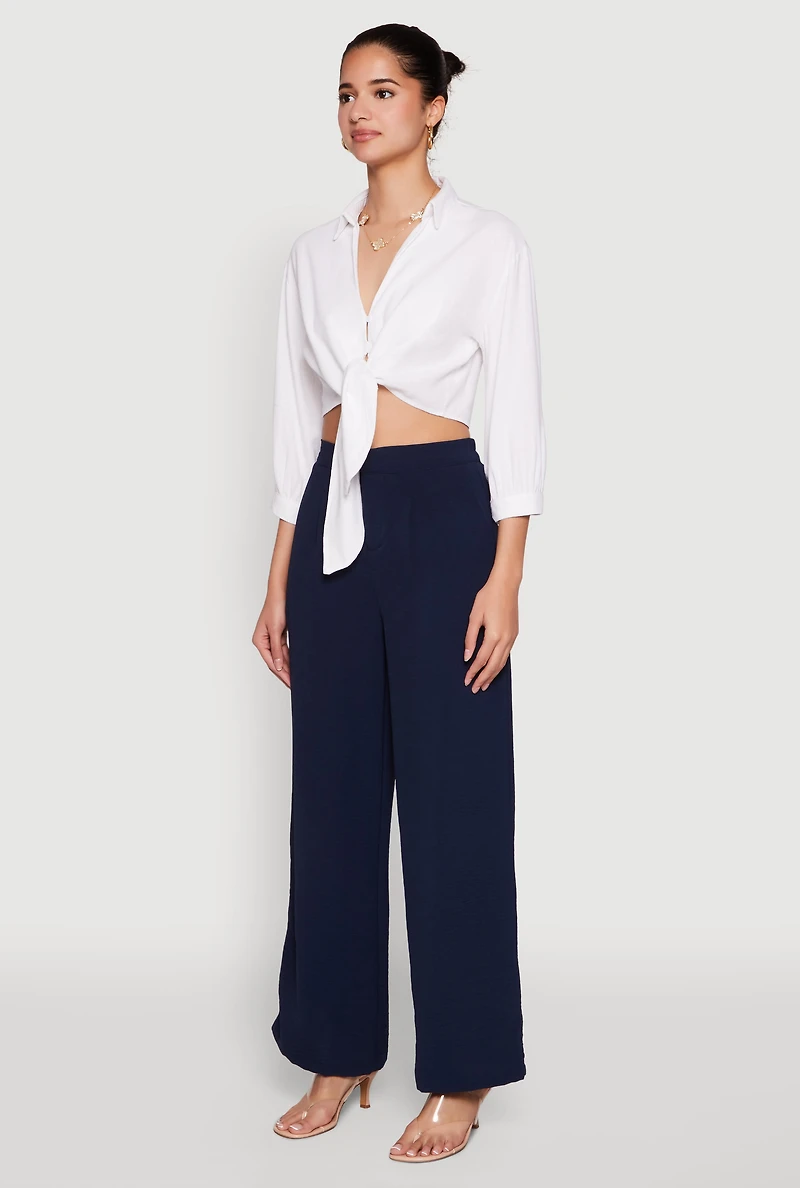 Womens Haute Monde Linen Tie Front Crop Top, White, Size M