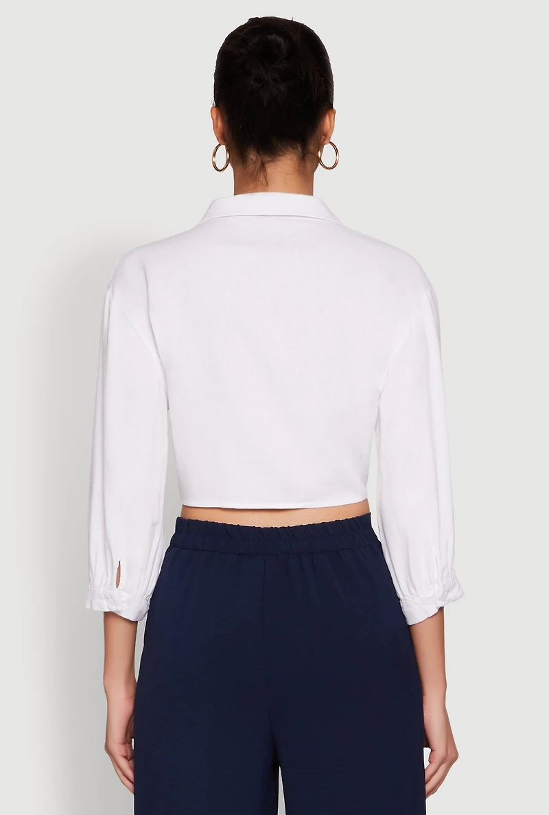 Womens Haute Monde Linen Tie Front Crop Top, White, Size M