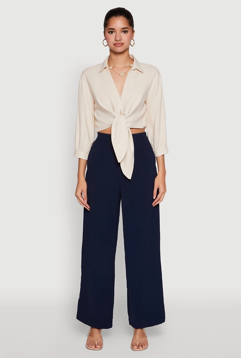 Womens Haute Monde Linen Tie Front Crop Top, M