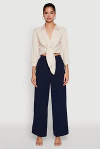 Womens Haute Monde Linen Tie Front Crop Top, M