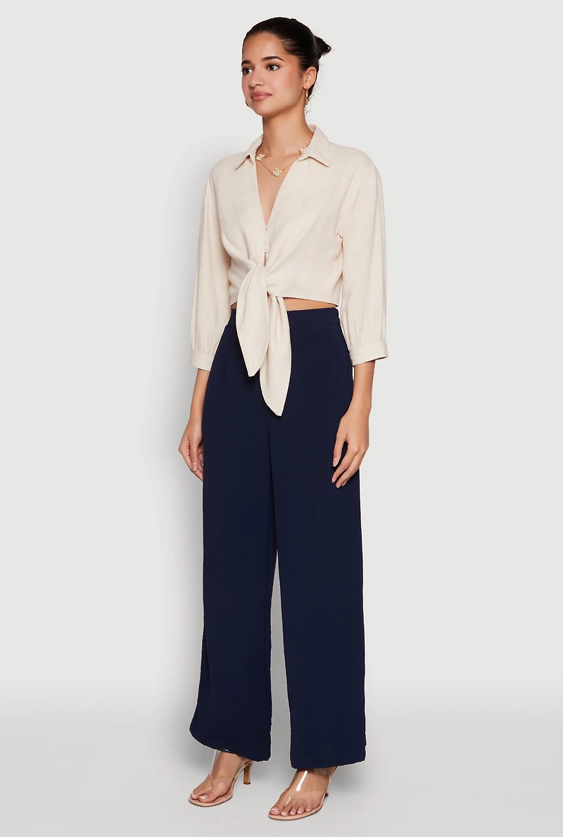 Womens Haute Monde Linen Tie Front Crop Top, M