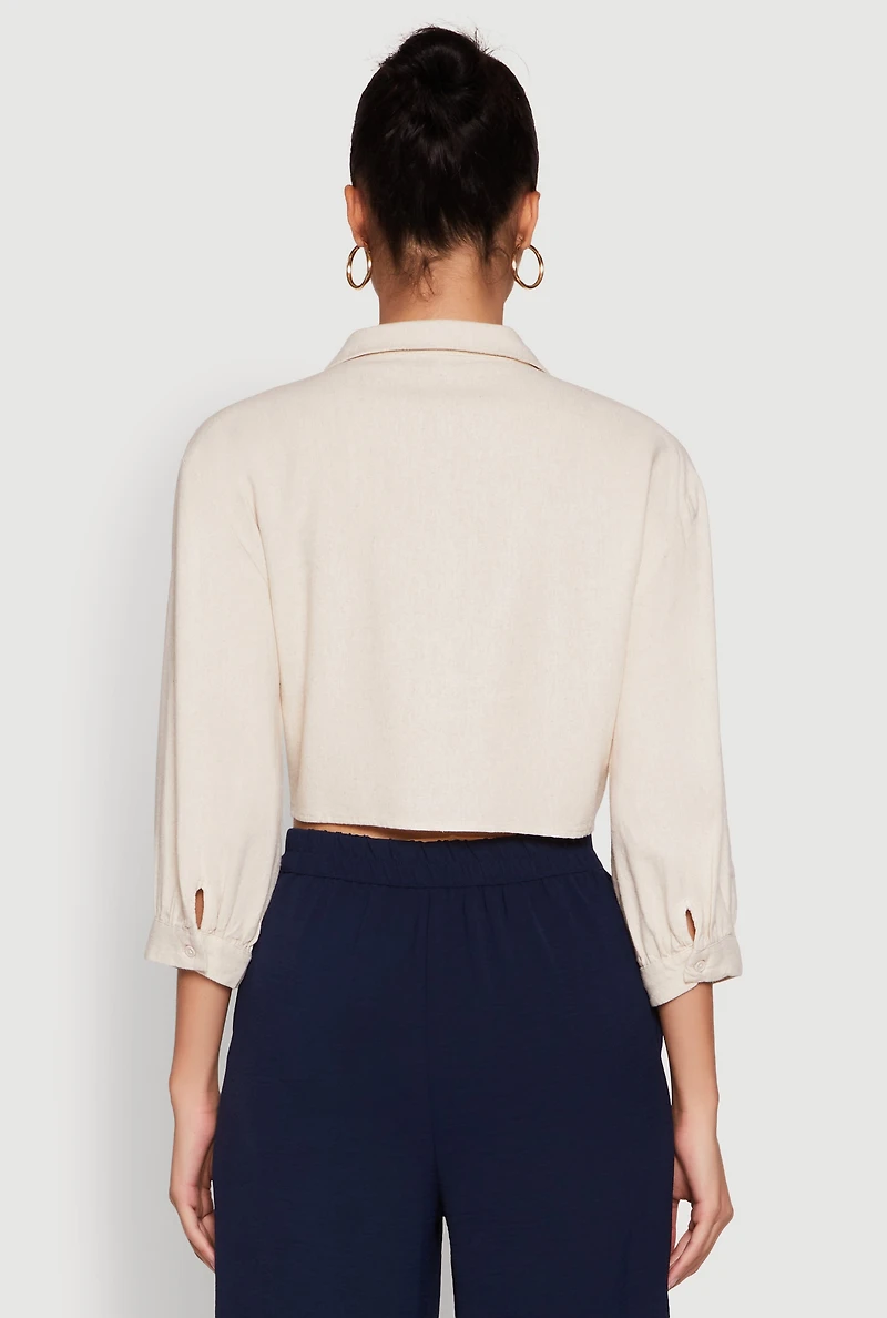 Womens Haute Monde Linen Tie Front Crop Top, M
