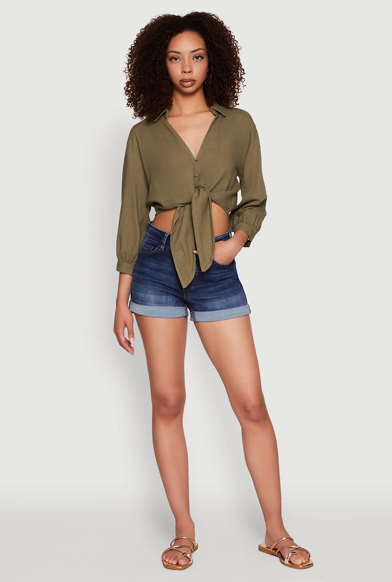 Womens Haute Monde Linen Tie Front Crop Top, S