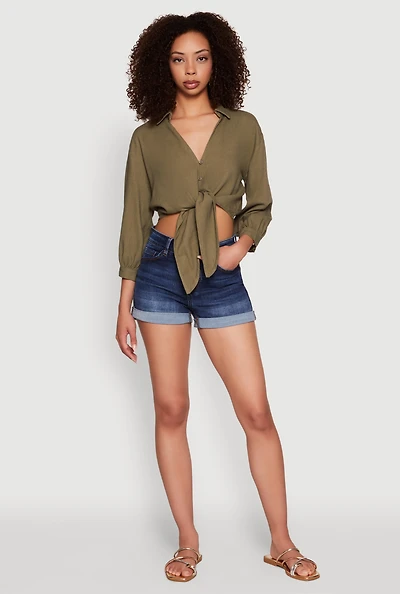 Womens Haute Monde Linen Tie Front Crop Top, S