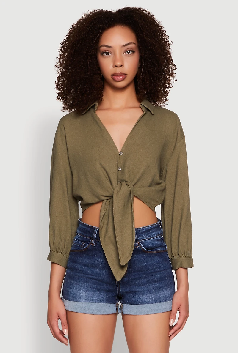 Womens Haute Monde Linen Tie Front Crop Top, S
