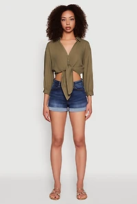 Womens Haute Monde Linen Tie Front Crop Top, S