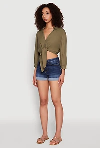 Womens Haute Monde Linen Tie Front Crop Top, S