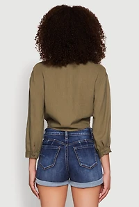 Womens Haute Monde Linen Tie Front Crop Top, Green, Size L