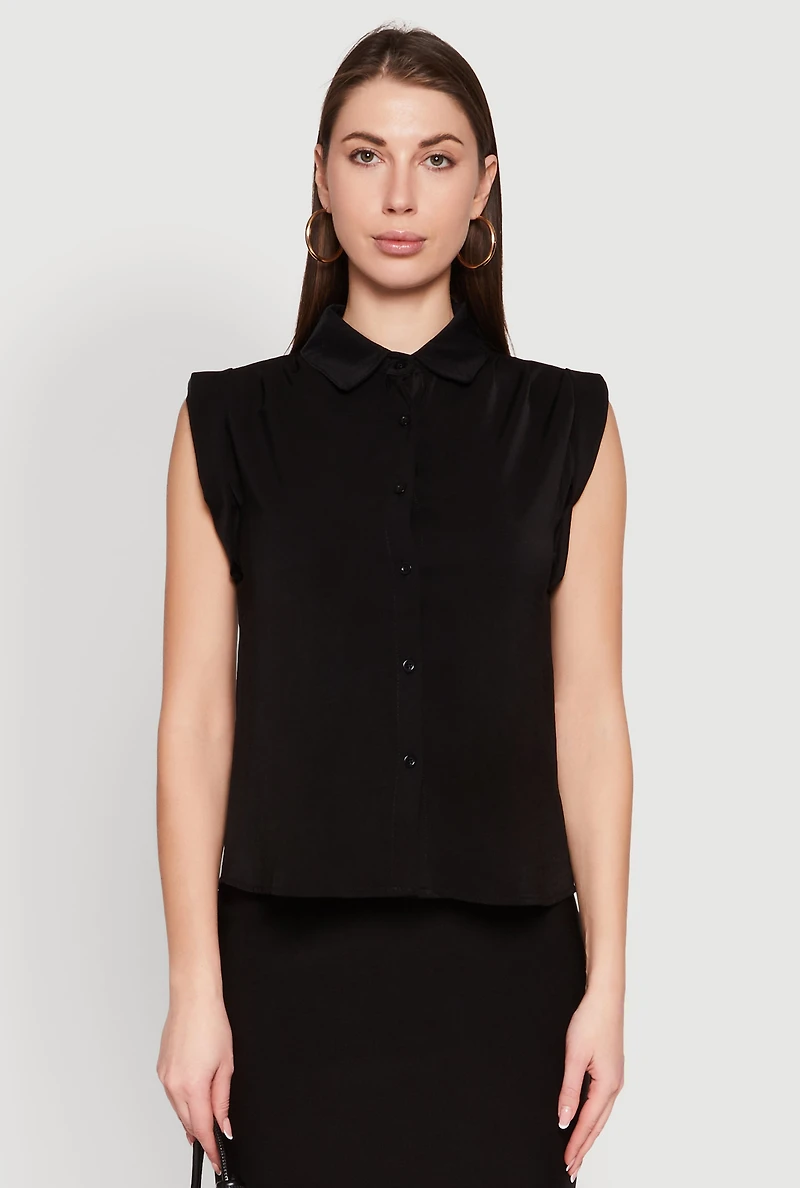 Womens Cap Sleeve Button Front Shirt, Black, Size S