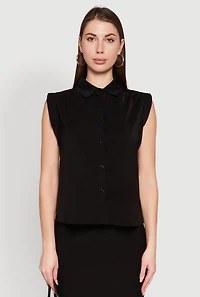 Womens Cap Sleeve Button Front Shirt, Black, Size S