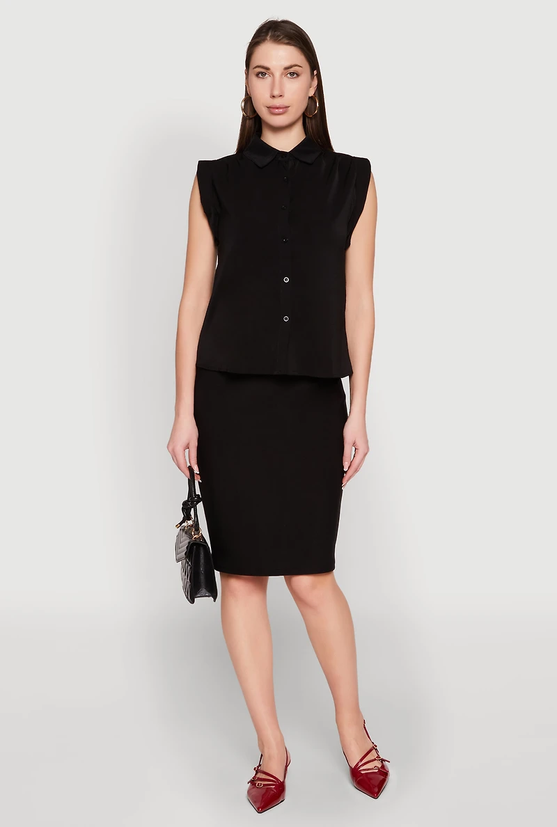 Womens Cap Sleeve Button Front Shirt, Black, Size S