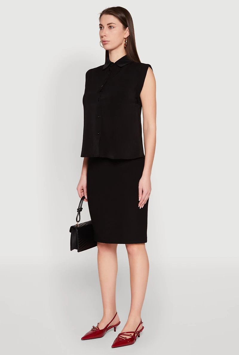Womens Cap Sleeve Button Front Shirt, Black, Size S