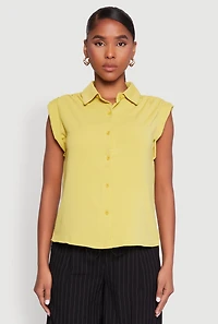 Womens Cap Sleeve Button Front Shirt, Green, Size M