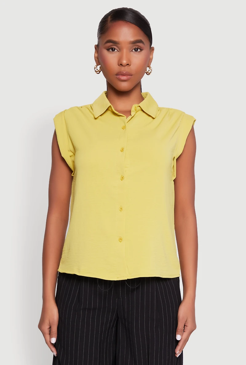 Womens Cap Sleeve Button Front Shirt,