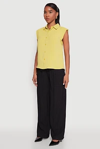 Womens Cap Sleeve Button Front Shirt, Green, Size M
