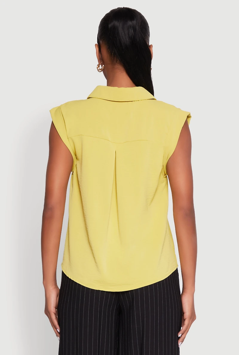 Womens Cap Sleeve Button Front Shirt, Green, Size M