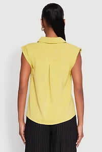 Womens Cap Sleeve Button Front Shirt, Green, Size M