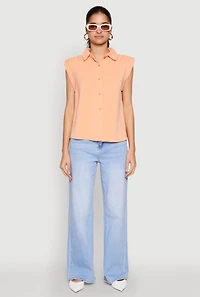 Womens Cap Sleeve Button Front Shirt, Orange, Size M