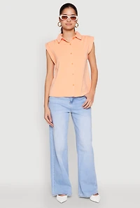 Womens Cap Sleeve Button Front Shirt, Orange, Size M
