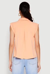 Womens Cap Sleeve Button Front Shirt, Orange, Size M