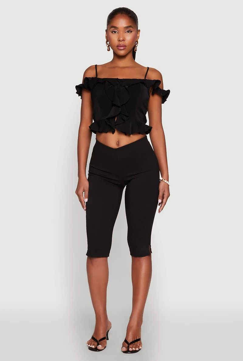Womens Iris Ruffled Cold Shoulder Crop Top, M
