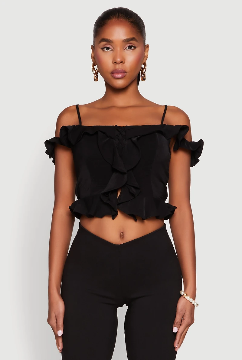 Womens Iris Ruffled Cold Shoulder Crop Top, M