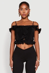 Womens Iris Ruffled Cold Shoulder Crop Top, M