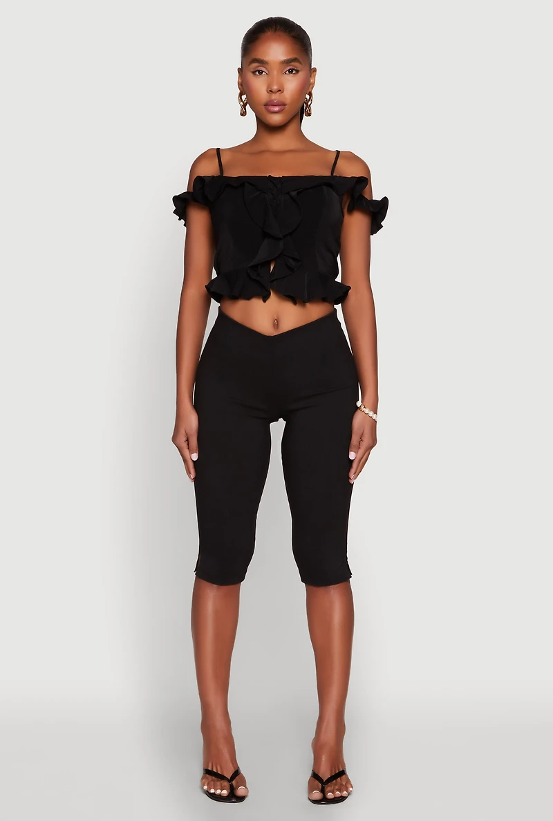 Womens Iris Ruffled Cold Shoulder Crop Top, M