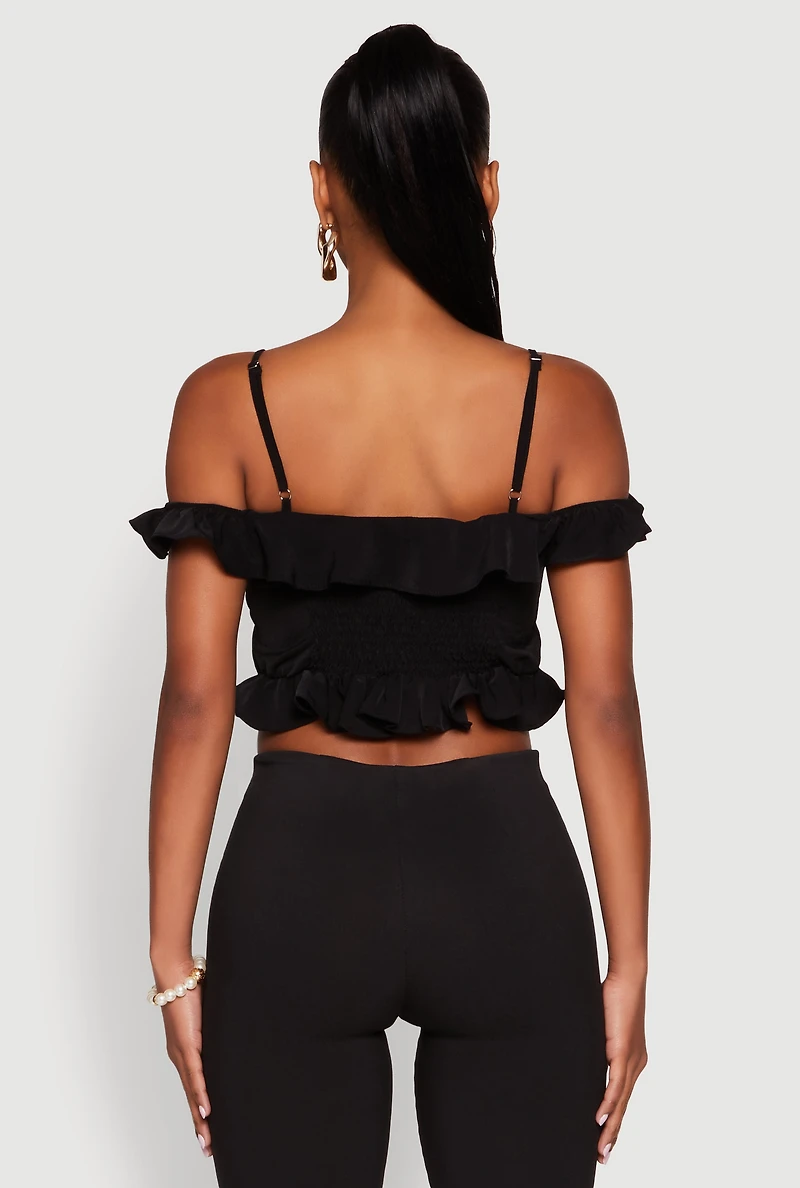 Womens Iris Ruffled Cold Shoulder Crop Top, M