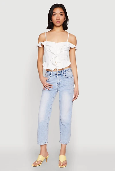 Womens Iris Ruffled Cold Shoulder Crop Top, White, Size L