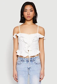 Womens Iris Ruffled Cold Shoulder Crop Top, White, Size M