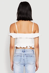 Womens Iris Ruffled Cold Shoulder Crop Top, White, Size M