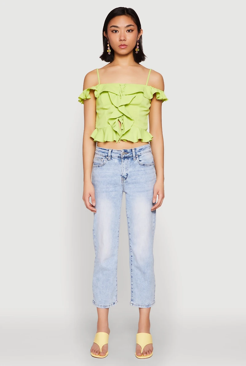 Womens Iris Ruffled Cold Shoulder Crop Top, Green,