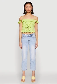 Womens Iris Ruffled Cold Shoulder Crop Top, Green,