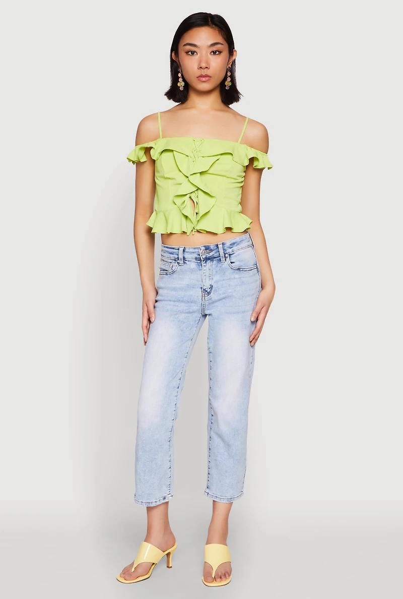 Womens Iris Ruffled Cold Shoulder Crop Top, Green,
