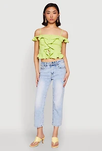 Womens Iris Ruffled Cold Shoulder Crop Top, Green,