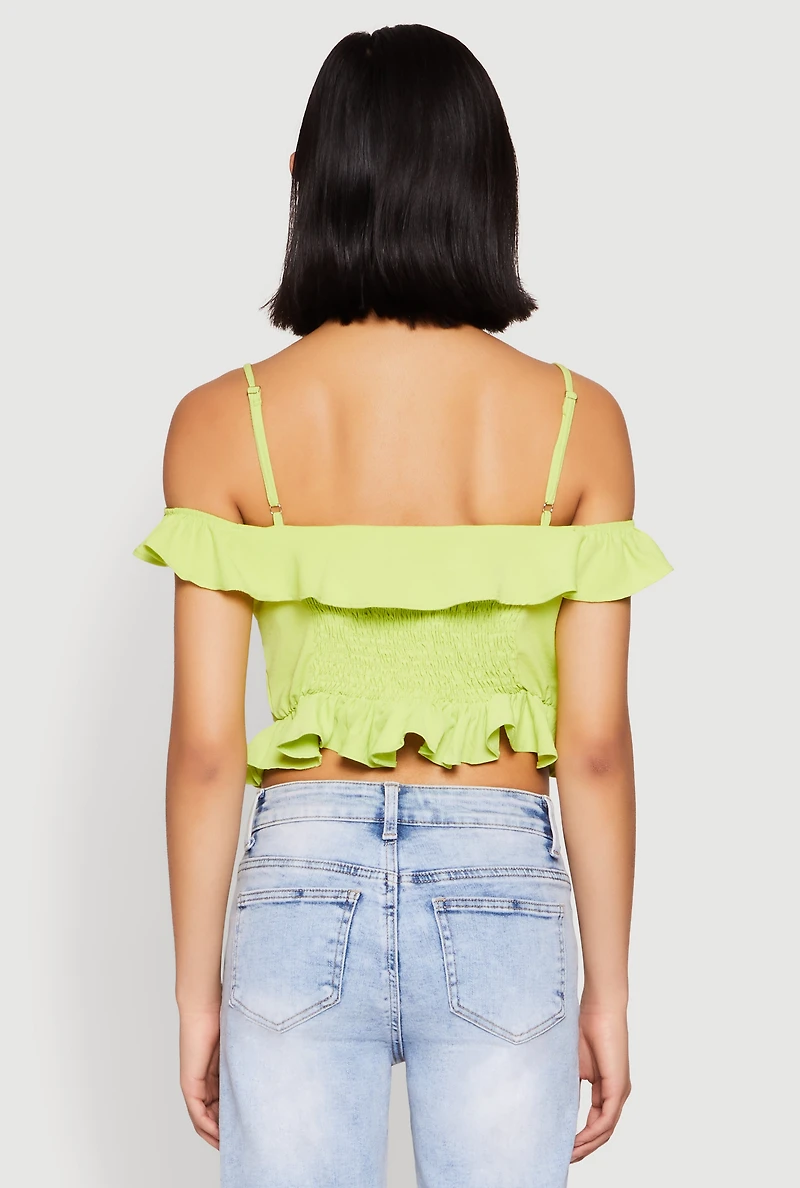 Womens Iris Ruffled Cold Shoulder Crop Top, Green, Size L