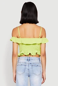Womens Iris Ruffled Cold Shoulder Crop Top, Green, Size L