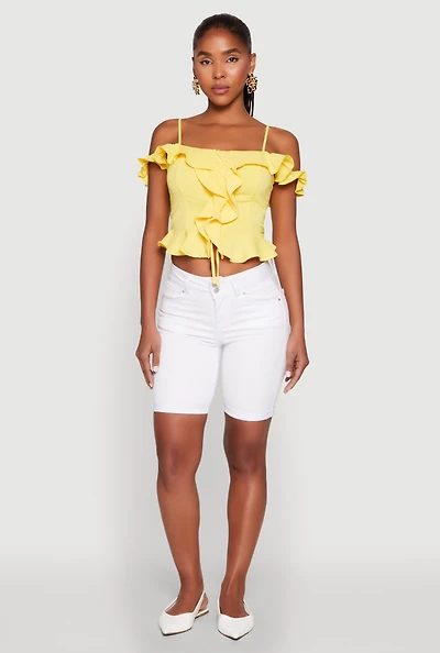 Womens Iris Ruffled Cold Shoulder Crop Top, Yellow, Size M