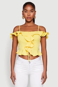 Womens Iris Ruffled Cold Shoulder Crop Top, Yellow, Size M